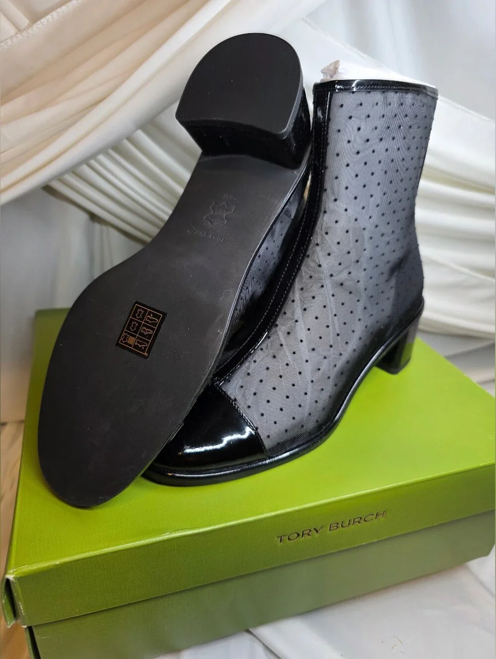 Tory Burch Black Sheer Polka Dot Ankle Boots NIB